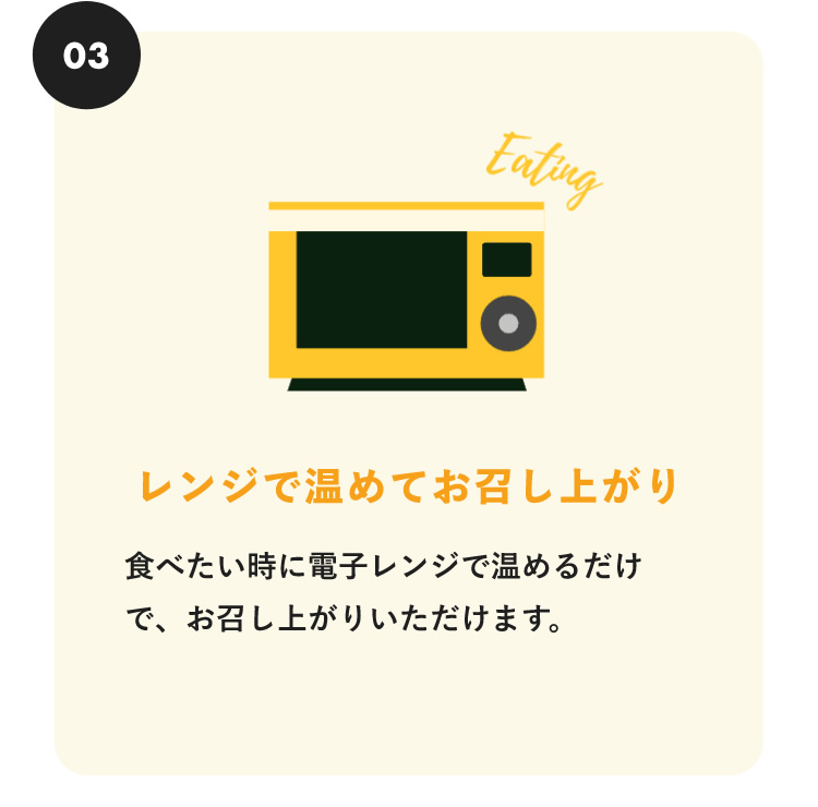03　レンジで温めてお召し上がり　食べたい時に電子レンジで温めるだけで、お召し上がりいただけます。