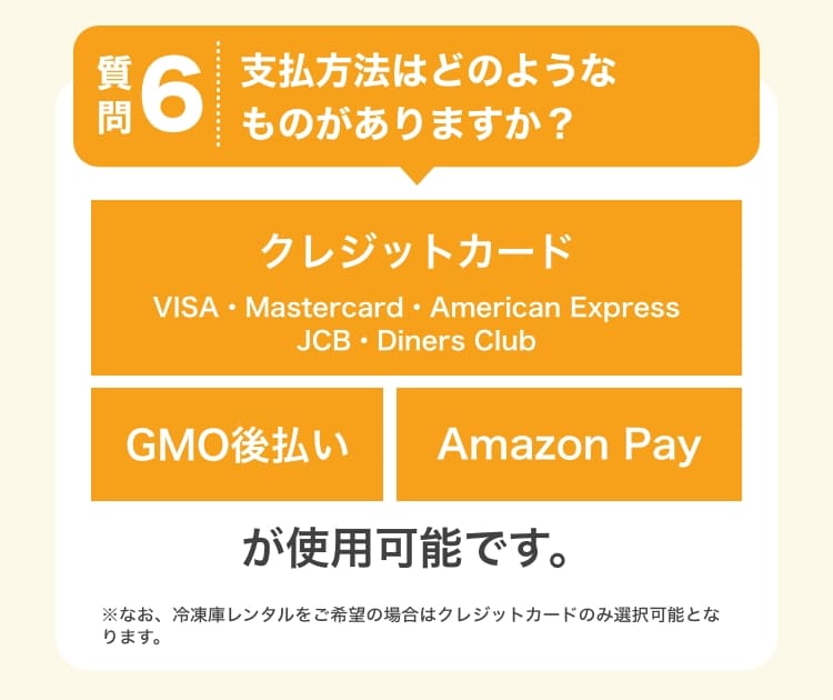 質問6　支払方法はどのようなものがありますか？　クレジットカード、GMO後払い、AmazonPayが使用可能です。